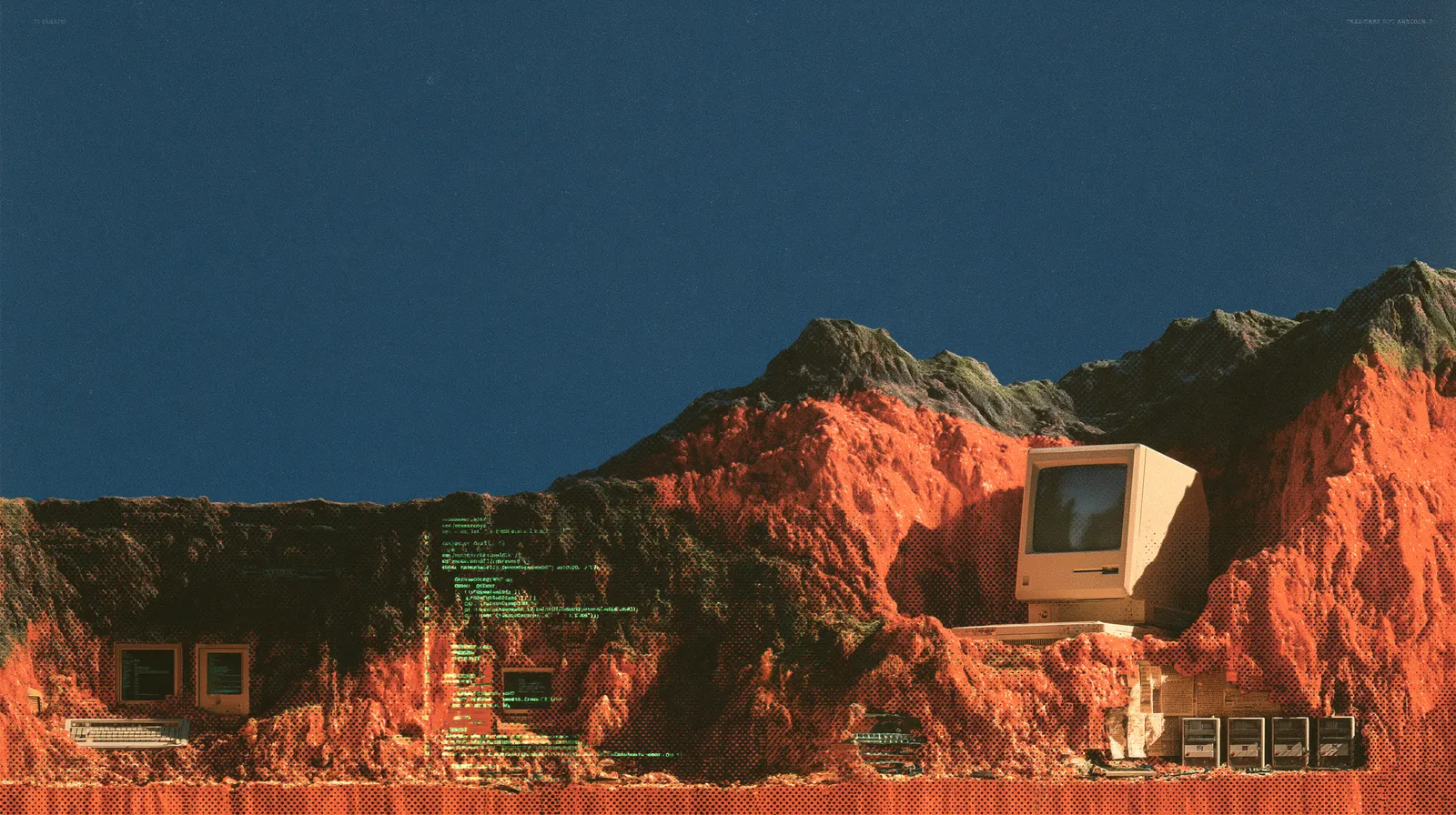 Halftone print illustration of an excavated ridge under a deep blue sky. A vintage desktop computer rests on the sunlit orange strata below the peaks; older terminals and green code lie embedded in the dark rock face beneath.